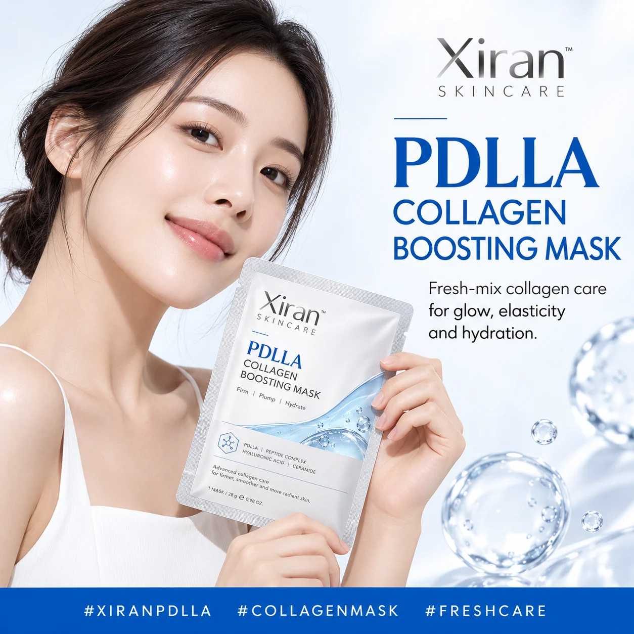 Woman displaying Xiran PDLLA Collagen Boosting Mask against a clean background. Text emphasizes its benefits for glow, elasticity, and hydration.